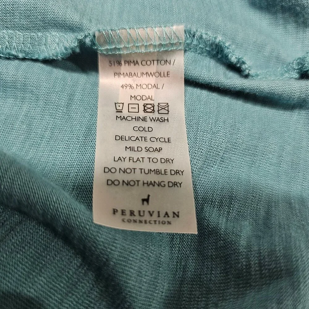 Peruvian Connection Women Short Tunic Dress Size L Teal Scoop Neck Puff Sleeve